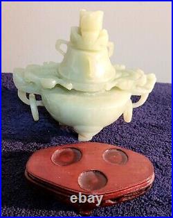 Chinese Jade Urn, Vessel, Dragon Carved Design on Wooden Base