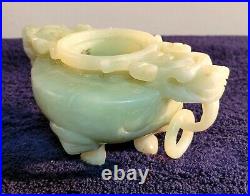 Chinese Jade Urn, Vessel, Dragon Carved Design on Wooden Base