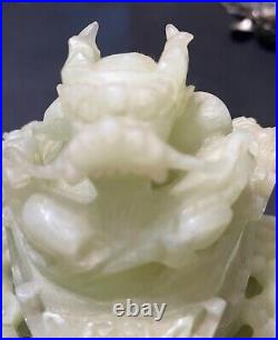Chinese Jade Urn, Vessel, Dragon Carved Design on Wooden Base 5 1/2 tall