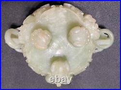 Chinese Jade Urn, Vessel, Dragon Carved Design on Wooden Base 5 1/2 tall