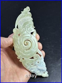 Chinese Jade sculpture Huang carving Human&Dragon antique jade ornament