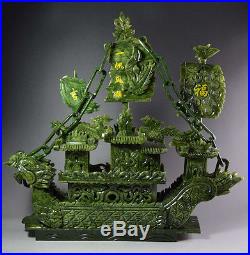 Chinese Large Hand Carved 100% Natural Jade Dragon Incense statue Dragon Boat