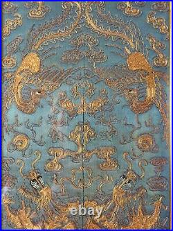 Chinese Late 19thC Sleeve Panels Gold Couched Thread DRAGON & PHOENIX Embroidery