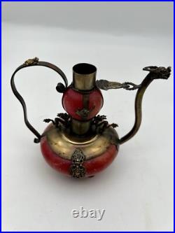 Chinese Metal & Glass Double Gourd Ewer Dragon Motif, Marked