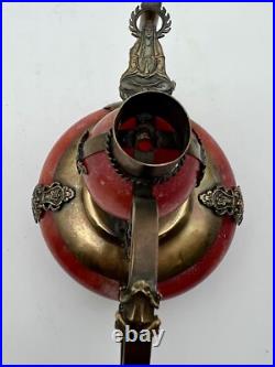 Chinese Metal & Glass Double Gourd Ewer Dragon Motif, Marked