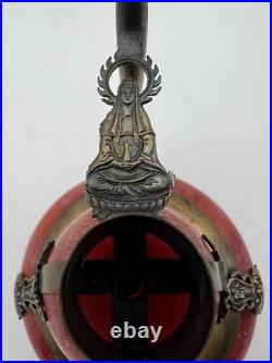 Chinese Metal & Glass Double Gourd Ewer Dragon Motif, Marked