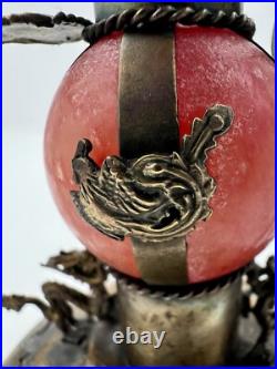 Chinese Metal & Glass Double Gourd Ewer Dragon Motif, Marked