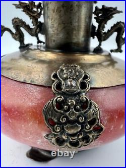 Chinese Metal & Glass Double Gourd Ewer Dragon Motif, Marked