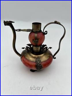 Chinese Metal & Glass Double Gourd Ewer Dragon Motif, Marked