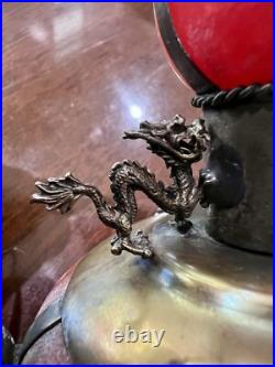 Chinese Metal & Glass Double Gourd Ewer Dragon Motif, Marked