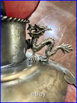 Chinese Metal & Glass Double Gourd Ewer Dragon Motif, Marked