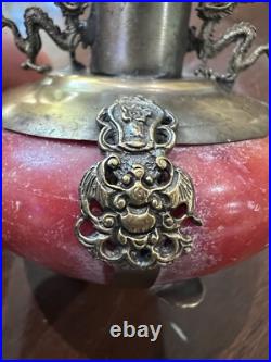 Chinese Metal & Glass Double Gourd Ewer Dragon Motif, Marked