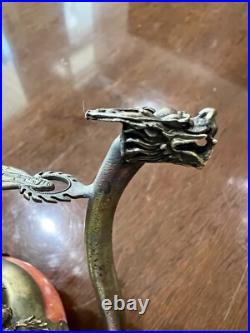 Chinese Metal & Glass Double Gourd Ewer Dragon Motif, Marked
