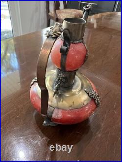 Chinese Metal & Glass Double Gourd Ewer Dragon Motif, Marked