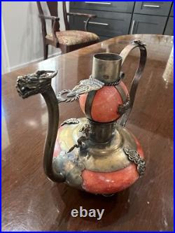 Chinese Metal & Glass Double Gourd Ewer Dragon Motif, Marked