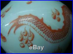 Chinese Old Dragon Red Painting Glaze Porcelain Vase Marked YongZheng