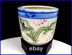 Chinese Porcelain Hand Painted Enamel Dragons & Temple Antique 3 5/8 Brush Pot