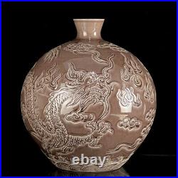 Chinese Purple glaze Porcelain carved Exquisite Dragon Pattern Vase 21524