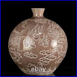 Chinese Purple glaze Porcelain carved Exquisite Dragon Pattern Vase 21524