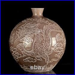 Chinese Purple glaze Porcelain carved Exquisite Dragon Pattern Vase 21524