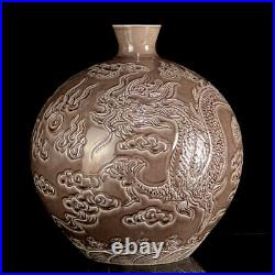 Chinese Purple glaze Porcelain carved Exquisite Dragon Pattern Vase 21524