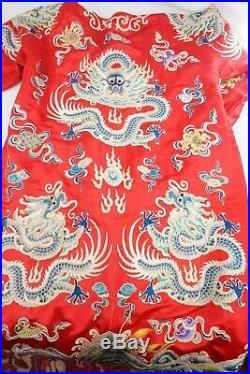 Chinese Qing Dynasty Embroidered Red Silk Dragon Imperial Court Robe Rare 19th C