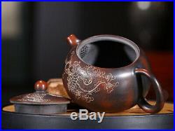 Chinese Qinzhou nixing pottery purple clay hand carving Dragon Teapot 200cc