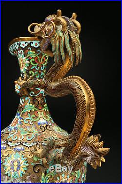 Chinese Rare Antique Bronze Copper Cloisonne Ewer Vase with Dragon Handle