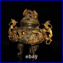 Chinese Rare Old copper handmade Gilded Dragon incense burner Xuande Year