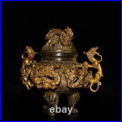 Chinese Rare Old copper handmade Gilded Dragon incense burner Xuande Year