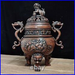 Chinese Rare Old red copper handmade lion Dragon incense burner