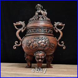 Chinese Rare Old red copper handmade lion Dragon incense burner