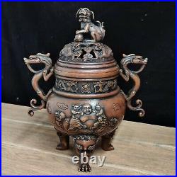 Chinese Rare Old red copper handmade lion Dragon incense burner