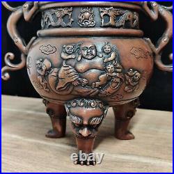 Chinese Rare Old red copper handmade lion Dragon incense burner