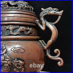 Chinese Rare Old red copper handmade lion Dragon incense burner