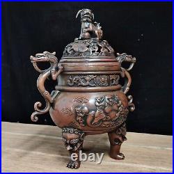 Chinese Rare Old red copper handmade lion Dragon incense burner