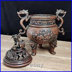 Chinese Rare Old red copper handmade lion Dragon incense burner