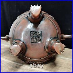 Chinese Rare Old red copper handmade lion Dragon incense burner