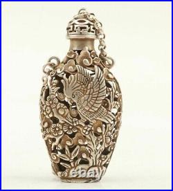 Chinese Retro Tibetan Silver Hand Carved Bird Crane Statue Cutout Snuff Bottle