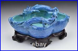 Chinese Robins Egg Blue Brush Pot Brush Washer with Dragons and Stand Qing Dynasty