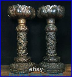 Chinese Royal Palace Copper Bronze Dragon Lotus Candlestick Candle Holder Pair