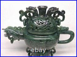Chinese Spinach Jade Green Covered Censer Incence Burner Phoenix Dragon Handles