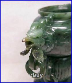 Chinese Spinach Jade Green Covered Censer Incence Burner Phoenix Dragon Handles