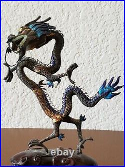 Chinese Sterling 925 Silver & Enamel Dragon Figure Statue