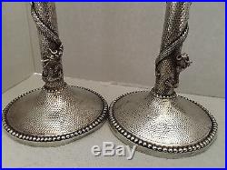 Chinese Sterling Silver Antique Candlesticks Dragons Signed Hand Hammered Estate