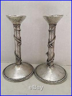 Chinese Sterling Silver Antique Candlesticks Dragons Signed Hand Hammered Estate