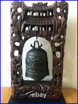 Chinese Temple Bell In Carved Wood Frame Dragon Decoration