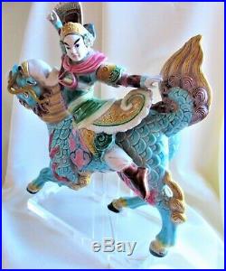 Chinese Temple Tile Warrior Prince Astride a Chi Lin Roof Tile