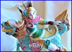 Chinese Temple Tile Warrior Prince Astride a Chi Lin Roof Tile