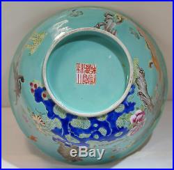 Chinese Turquoise Enamel Painted Porcelain Lotus Bowl Dragon Fu-Lion Bat Motif